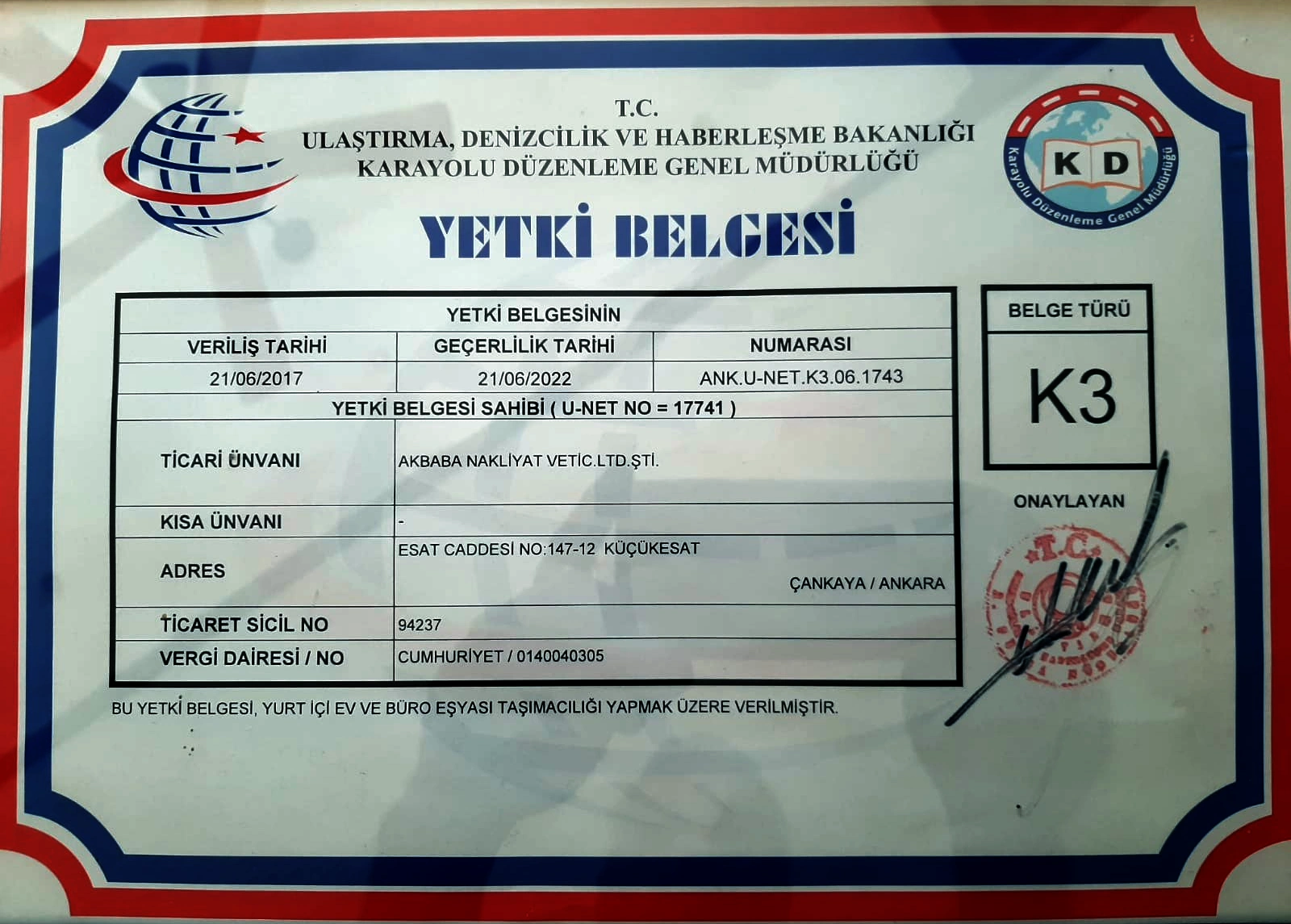 K3 YETKİ BELGESİ